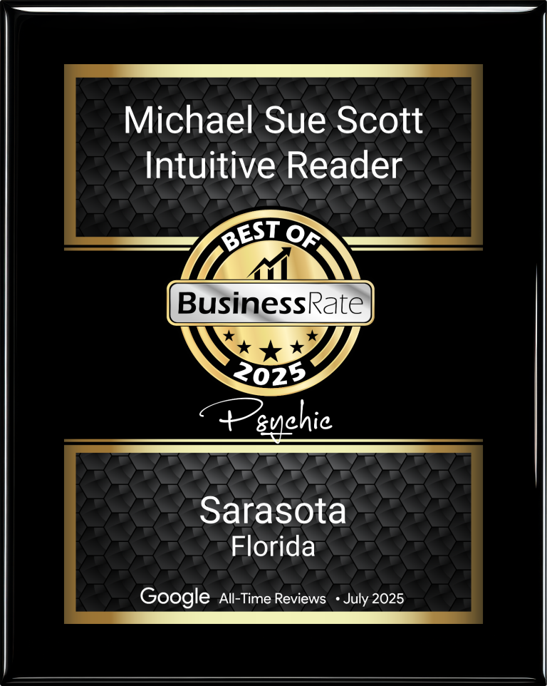 Psychic Best of Sarasota 2025 Award plaque for Michael Sue Scott, Intuitive Reader, Best of 2025, Sarasota, Florida.
